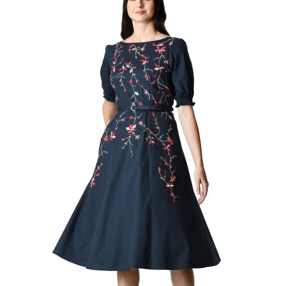 eShakti Floral Vine Embellished Cotton Poplin Dress
